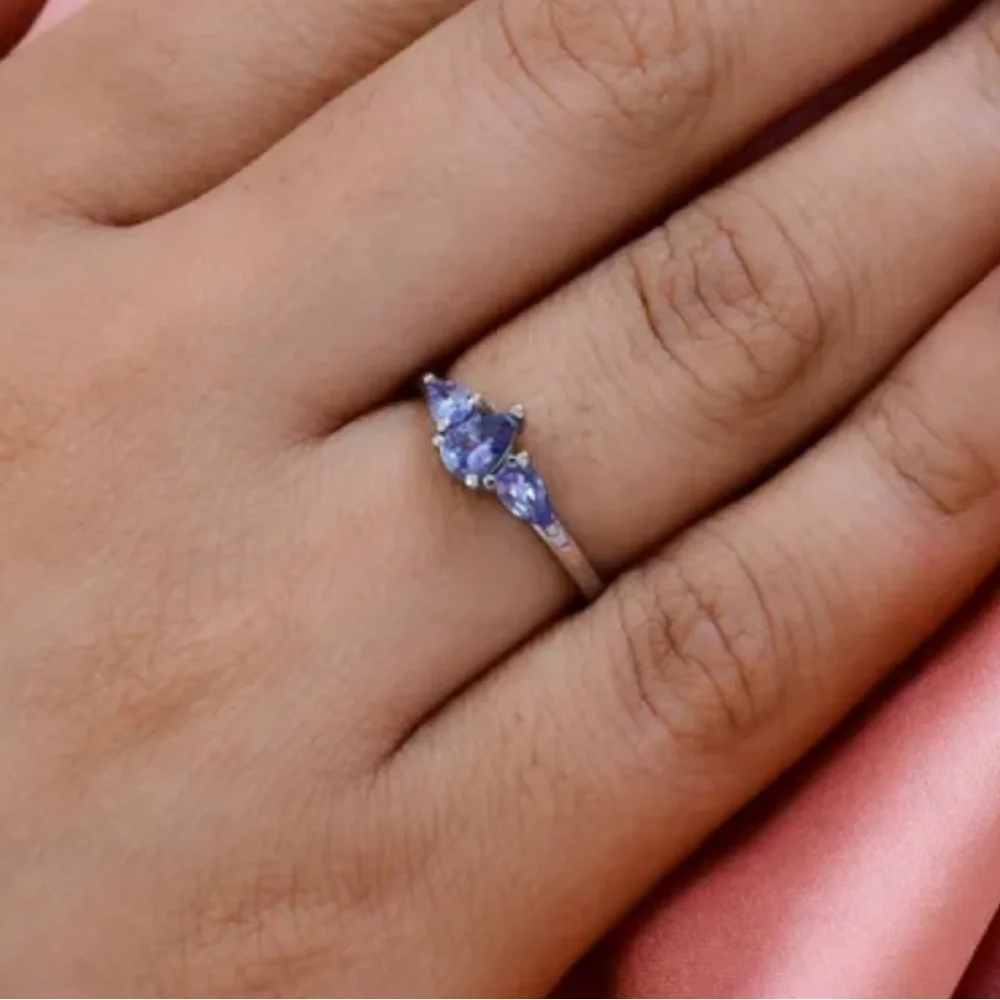 Genuine Teardrop 3 Stone Tanzanite Ring in Stainless Steel
